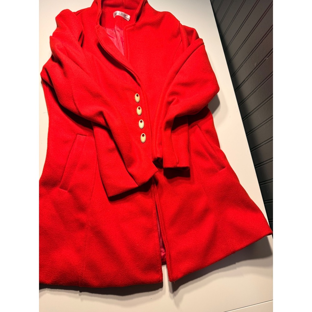 Hua Xi Yun Red Pea Coat Stand Collar Gold Oval Button Mid Length Jacket Size 4